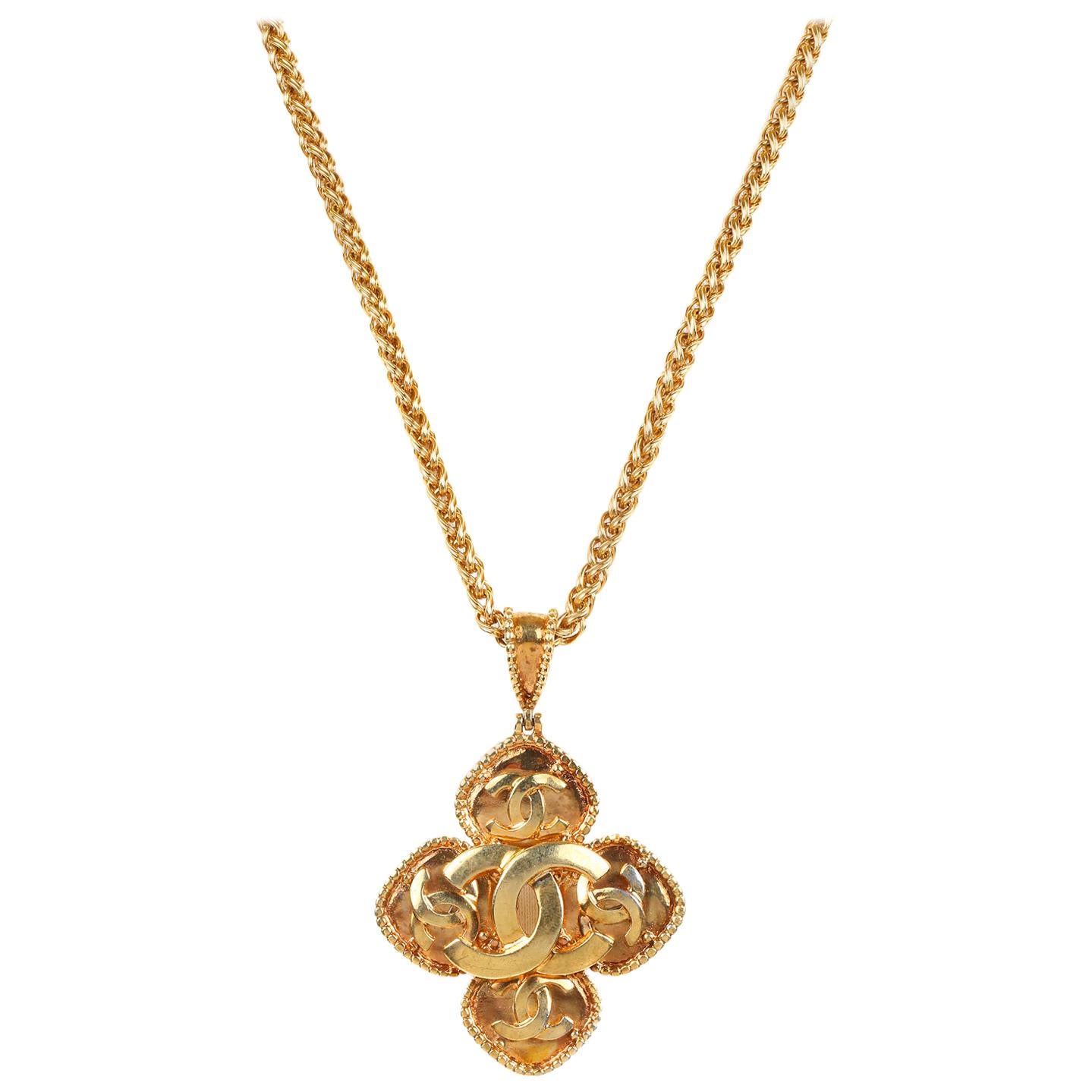 Chanel Gold CC Clover Medallion Necklace
