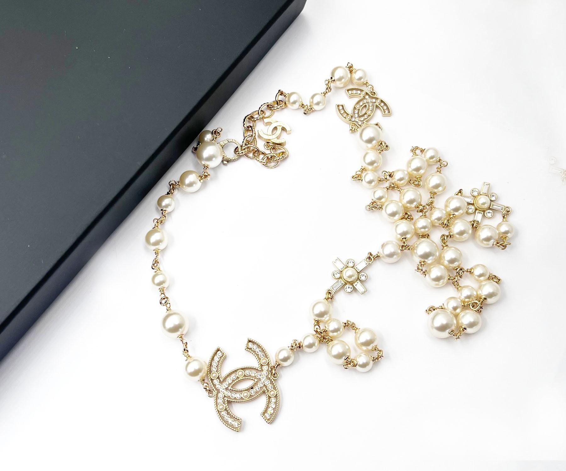 Artisan Chanel Gold CC Cross Crystal Pearl Necklace  For Sale