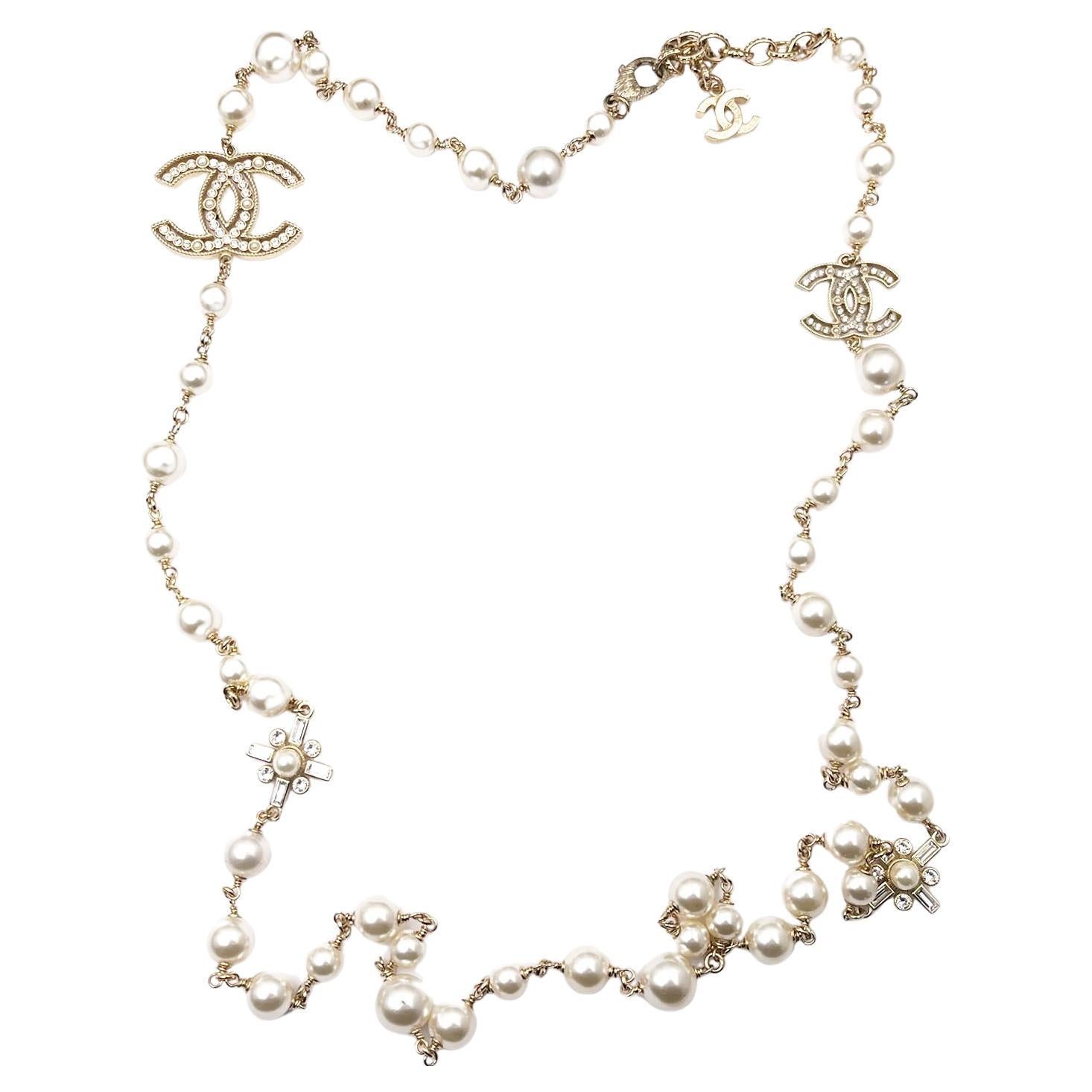 Chanel Gold CC Cross Crystal Pearl Necklace  For Sale