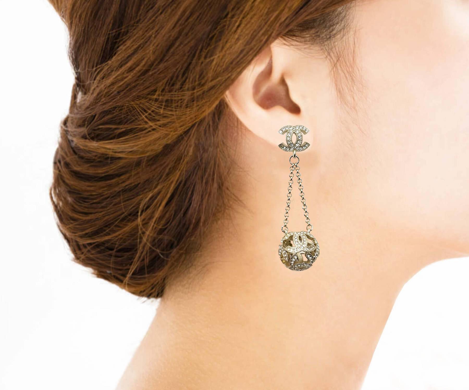 Artisan Chanel Gold CC Crystal Ball Dangle Piercing Earrings   For Sale