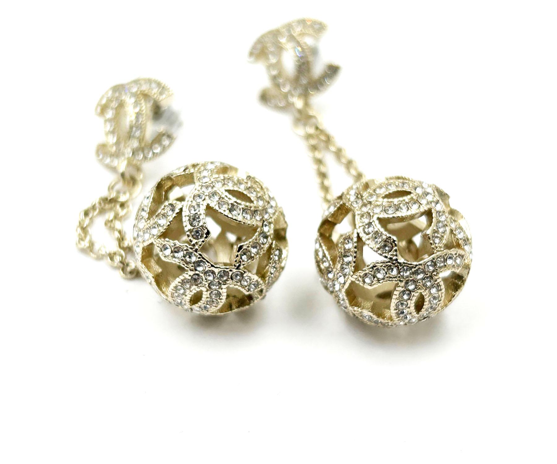 Chanel Gold CC Crystal Ball Dangle Piercing Earrings   In Excellent Condition For Sale In Pasadena, CA