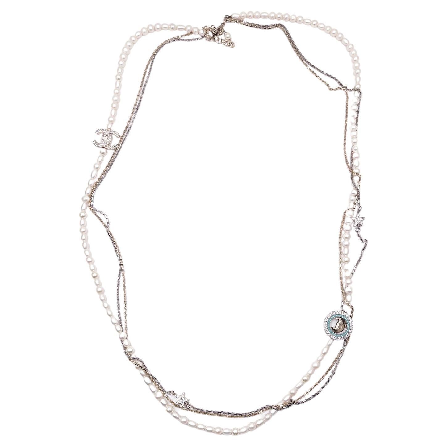 Chanel Gold CC Crystal Blue Moon Star Peal Multi Chain Long Necklace For Sale