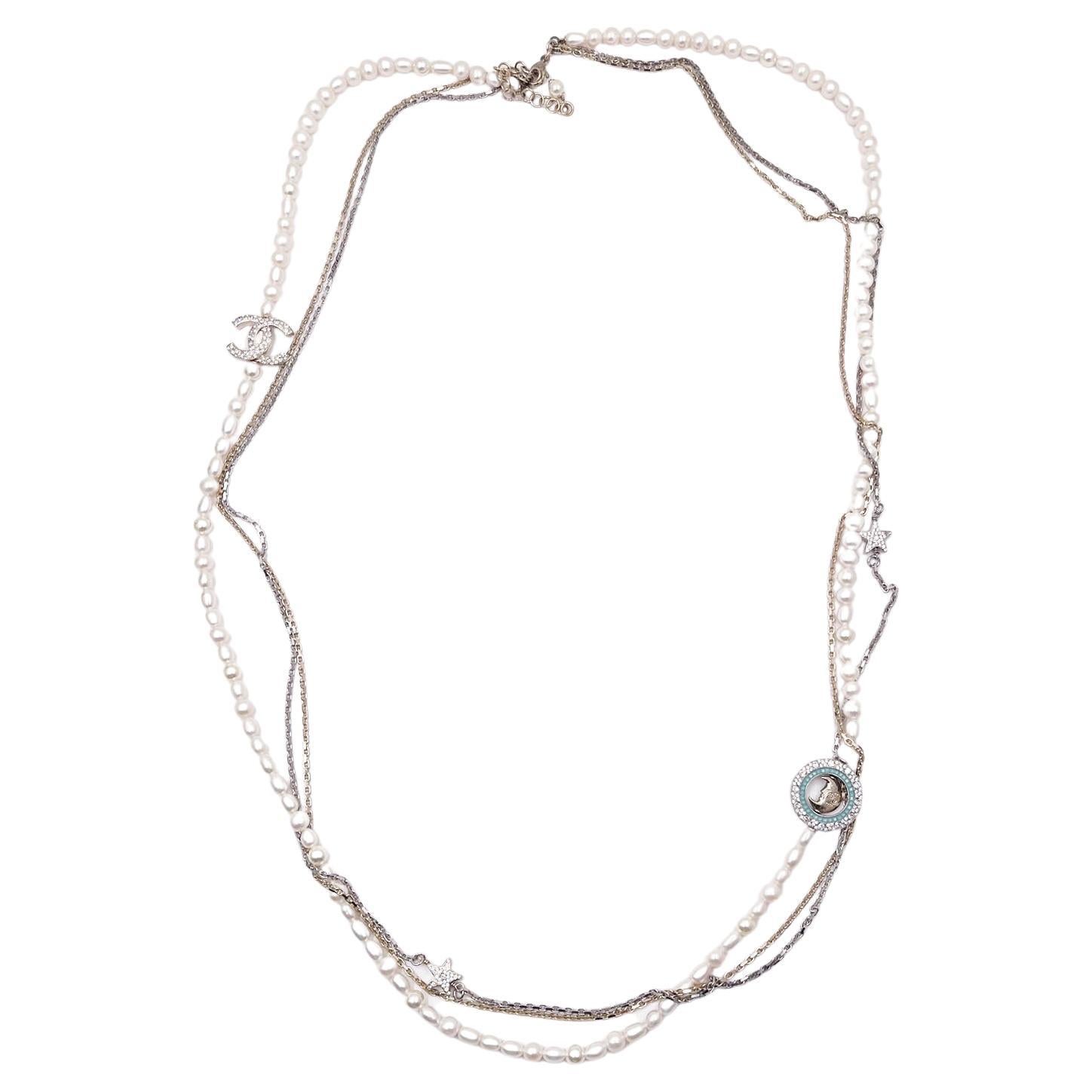 Chanel Gold CC Crystal Blue Moon Star Peal Multi Chain Long Necklace