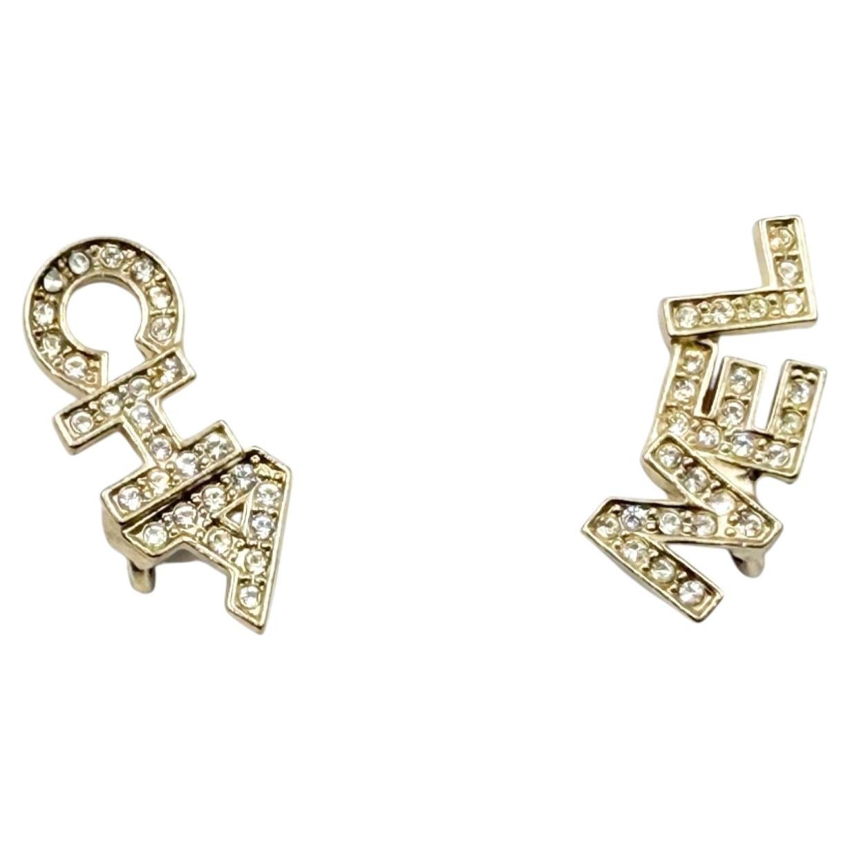 Chanel Gold CC Crystal Cha Nel Letter Asymmetrical Clip on Earrings