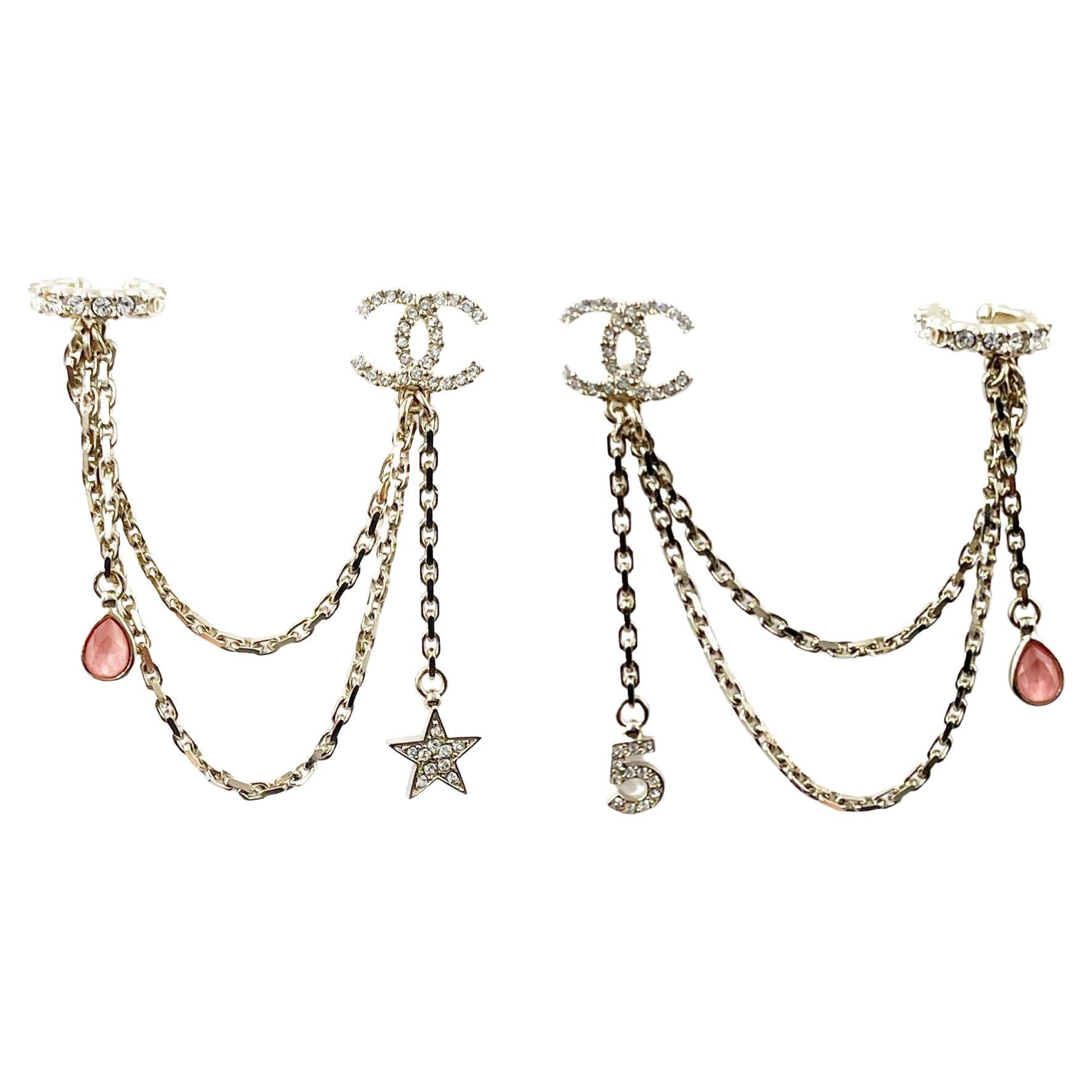 Chanel Gold CC Crystal Chain Star 5 Cuff Piercing Earrings
