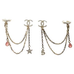 Chanel Gold CC Crystal Chain Star 5 Cuff Piercing Earrings  