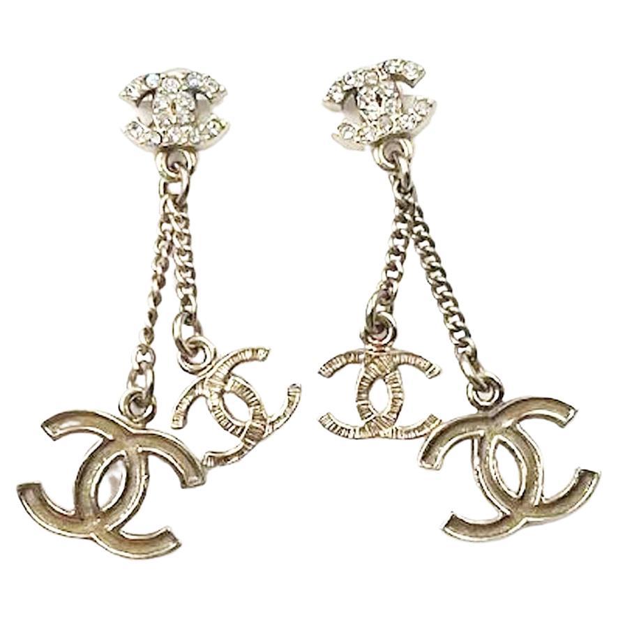 Chanel Silver CC Tear Drop Crystal Dangle Piercing Earrings - 2 Pieces