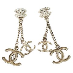 Chanel Gold CC Crystal Double CC Dangle Piercing Earrings 