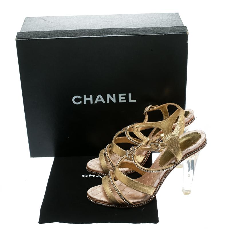 Chanel Gold CC Crystal Embellished Suede Lucite Heel Strappy Sandals Size 37.5 3