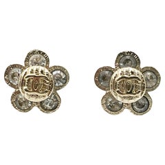 Chanel Classic Gold CC Crystal Flower Piercing Earrings 