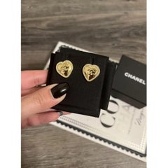 CHANEL Gold CC Crystal Heart Stud Earrings