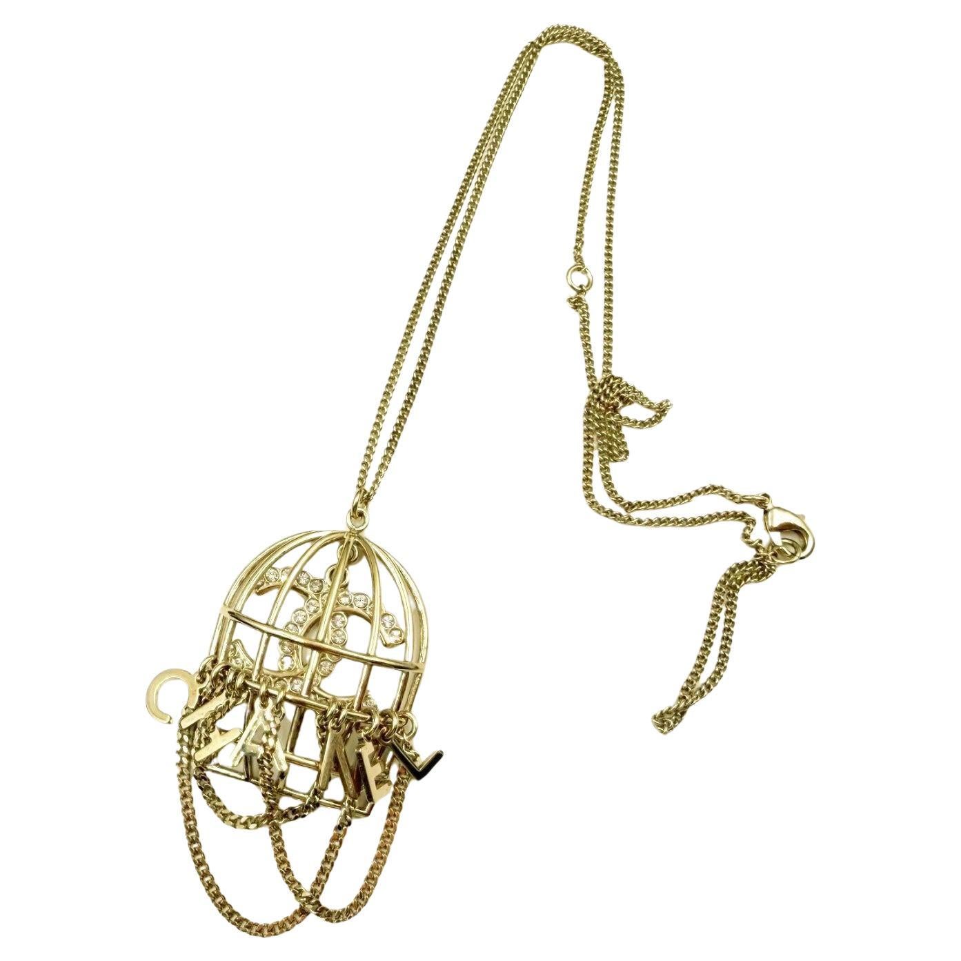 Chanel Gold CC Crystal Letter Birdcage Pendant Necklace