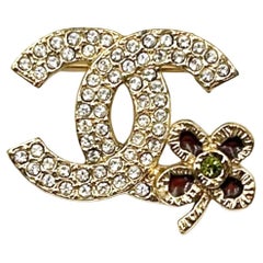 Chanel Gold CC Crystal Red Corner Flower Small Brooch