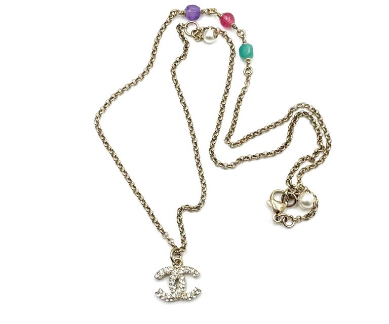Chanel Gold CC Crystal Red Green Purple Stone Pendant Necklace