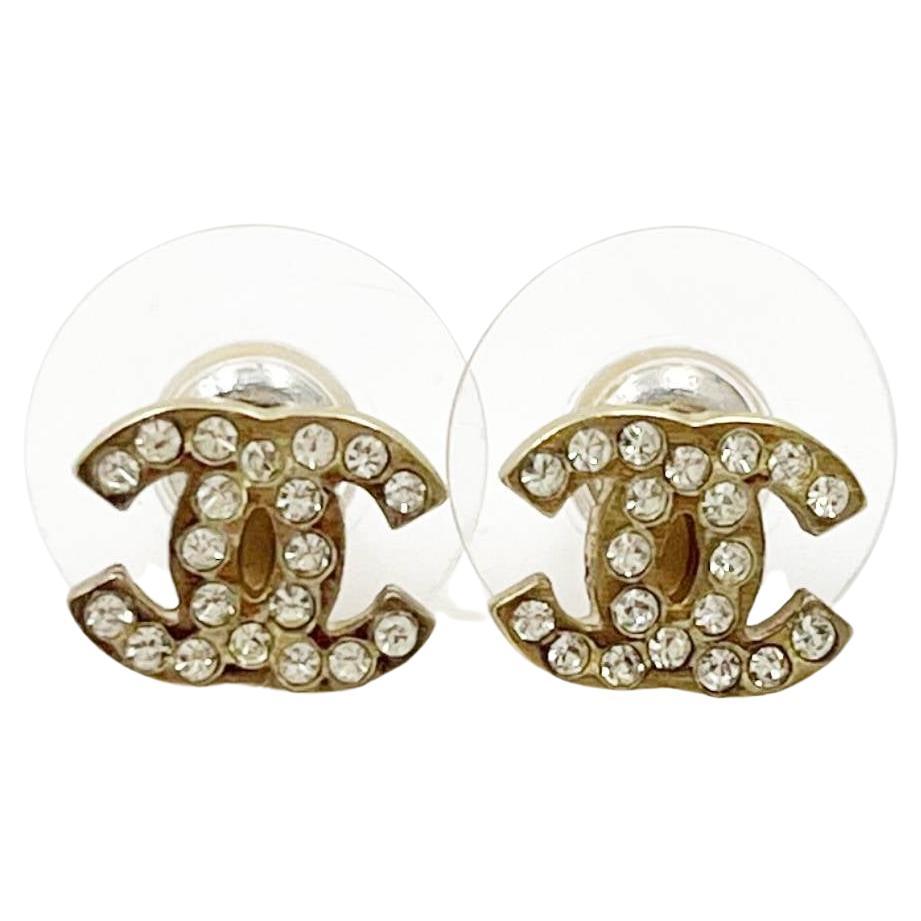 Chanel Gold CC Crystal Small Piercing Earrings at 1stDibs