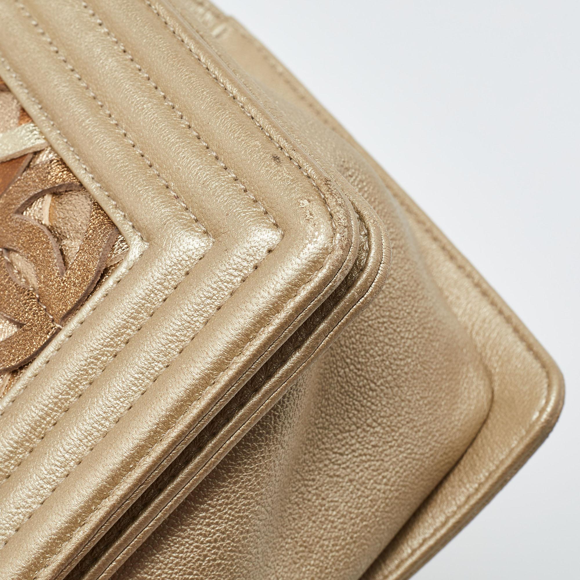Chanel Gold CC Cut Out Leather Medium Boy Bag For Sale 14
