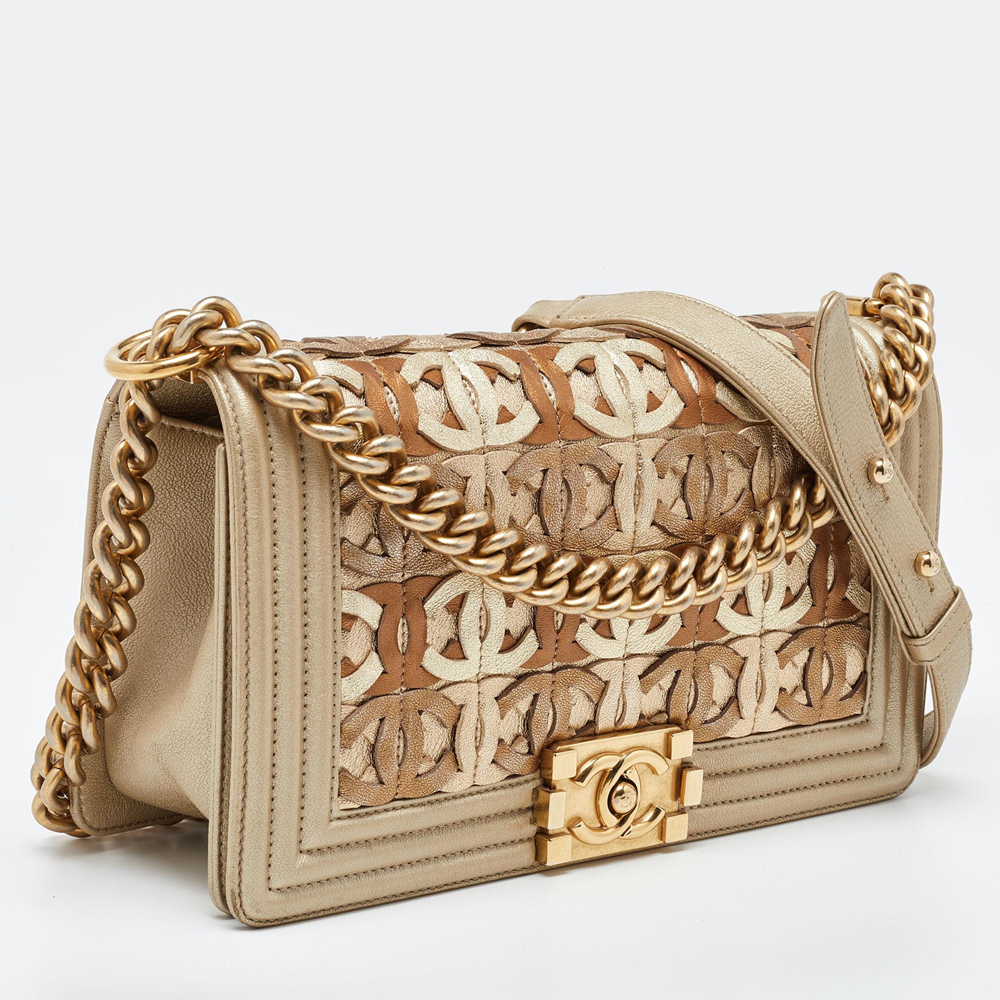 Women's Chanel Gold CC Cut Out Leather Medium Boy Bag For Sale