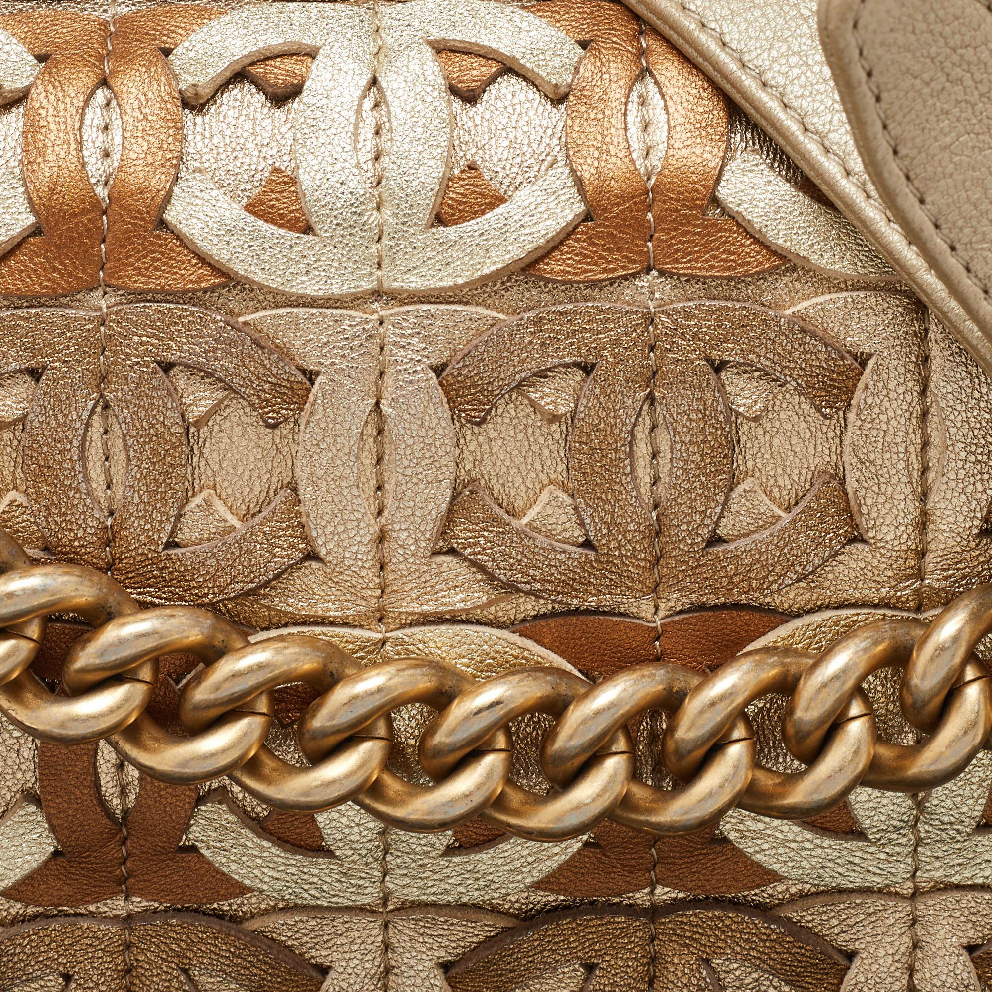 Chanel Gold CC Cut Out Leather Medium Boy Bag For Sale 3
