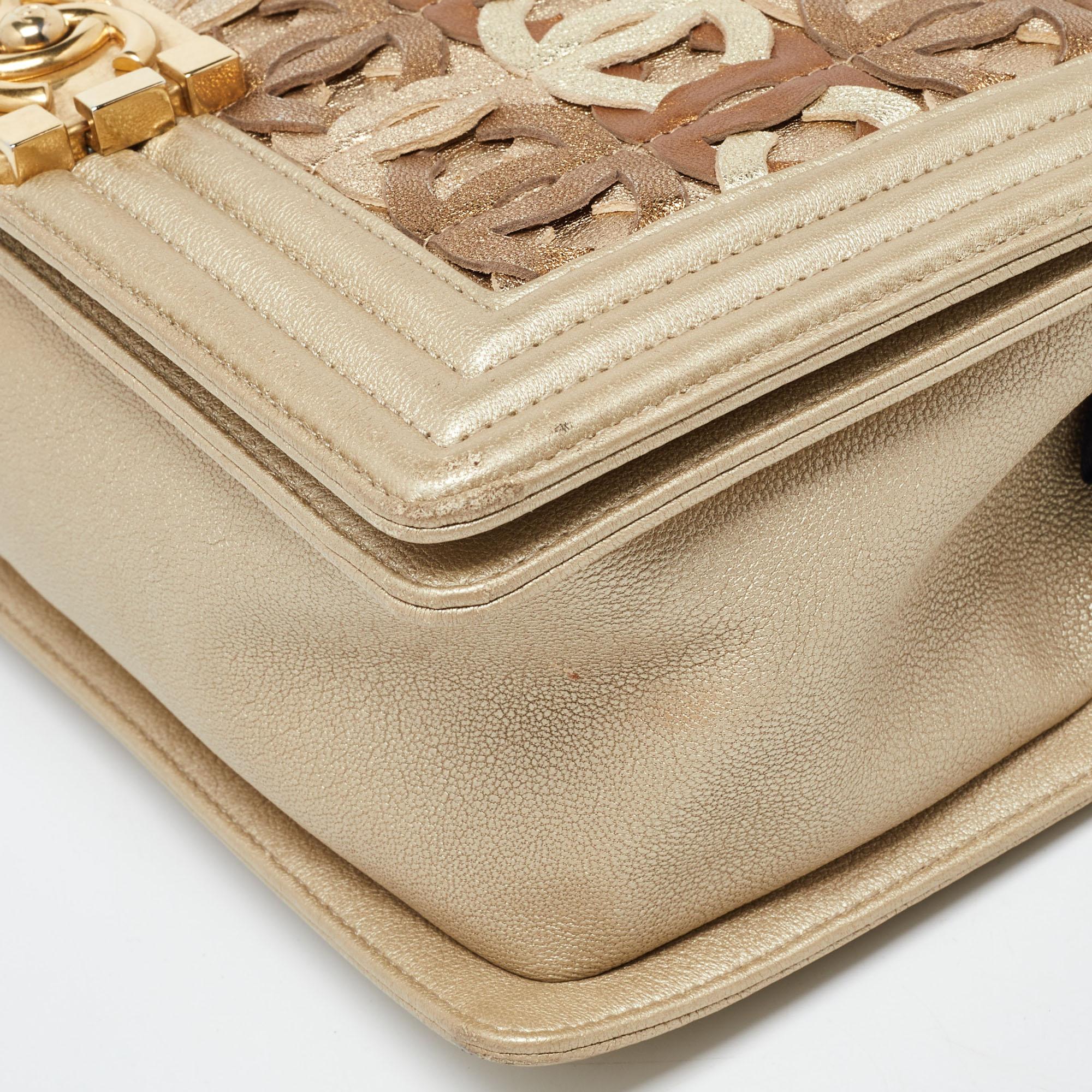 Chanel Gold CC Cut Out Leather Medium Boy Bag For Sale 4