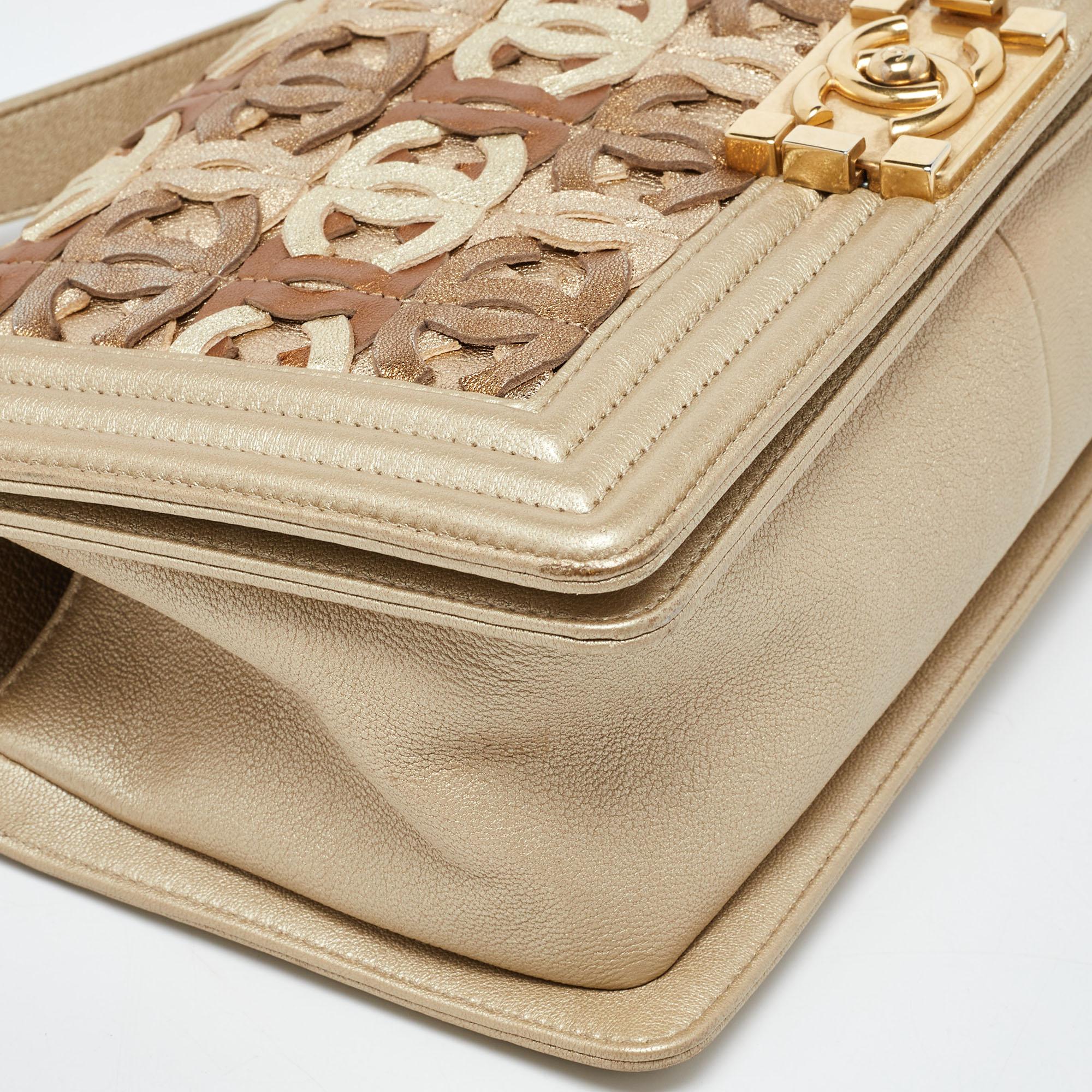 Chanel Gold CC Cut Out Leather Medium Boy Bag For Sale 5