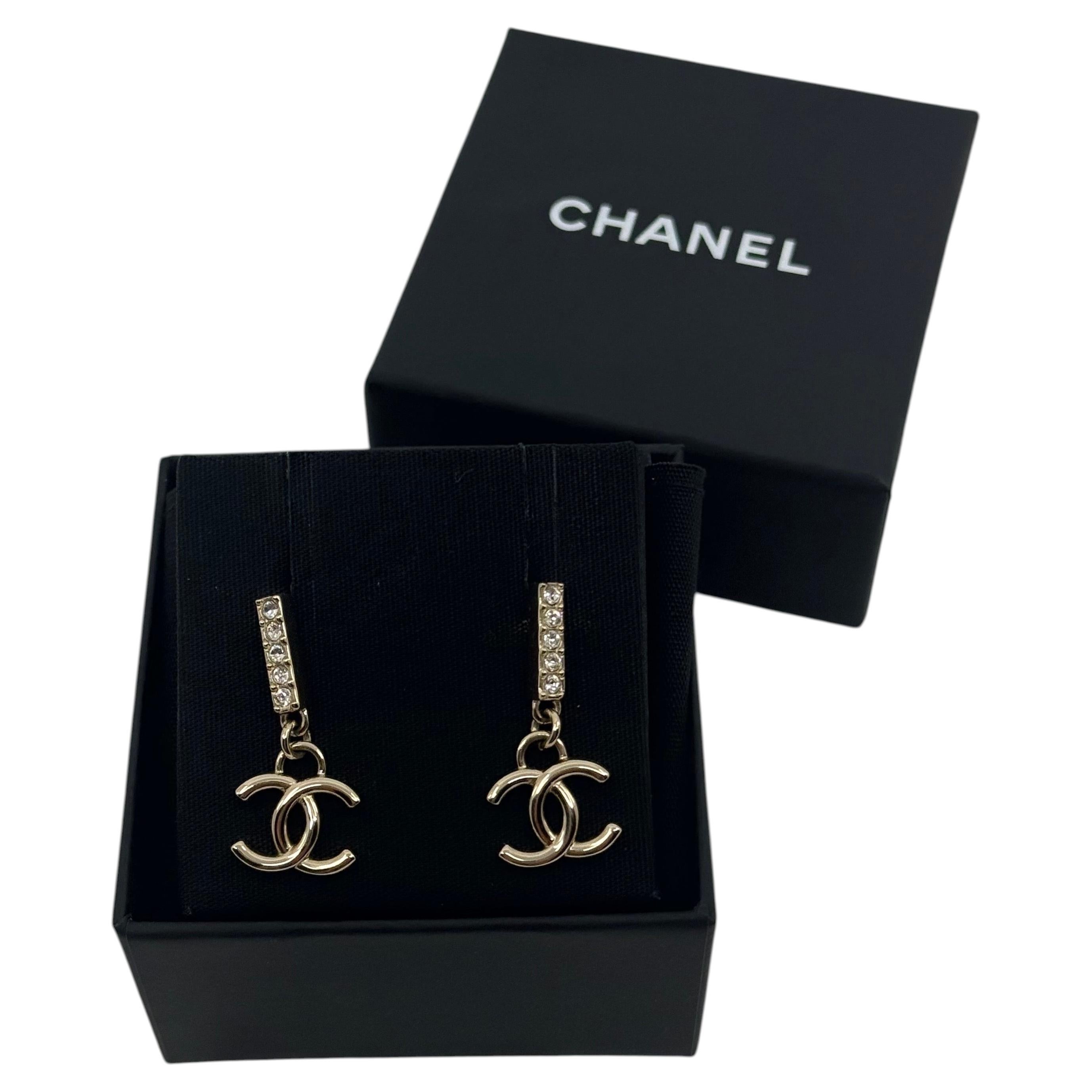 Chanel Gold CC Drop Earrings with Crystal Accents