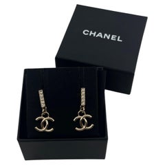 Chanel Gold CC Drop Earrings with Crystal Accents
