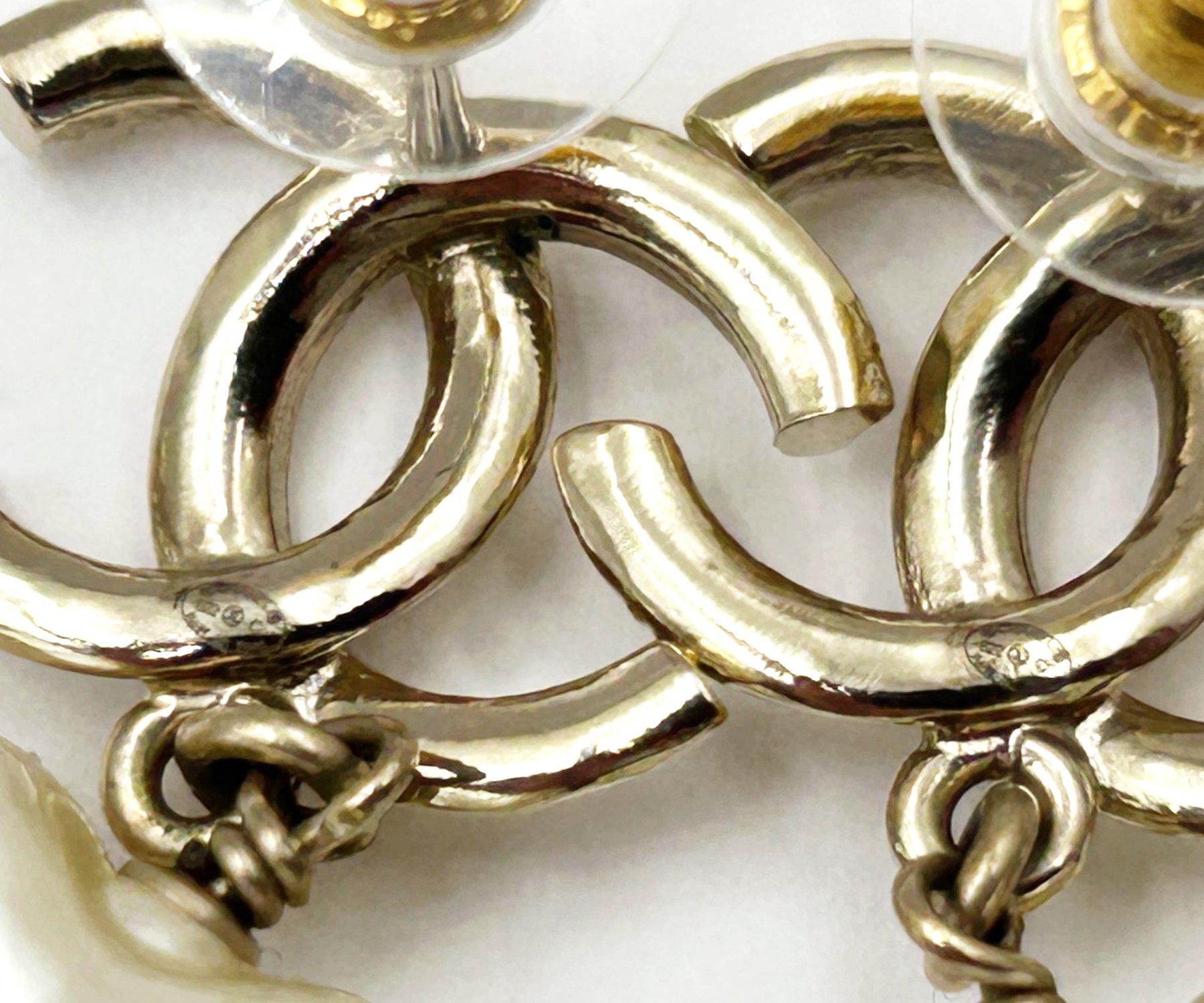 Chanel Gold CC Faux Baroque Heart Pearl Heart Gold Dangling Piercing Earrings For Sale 1