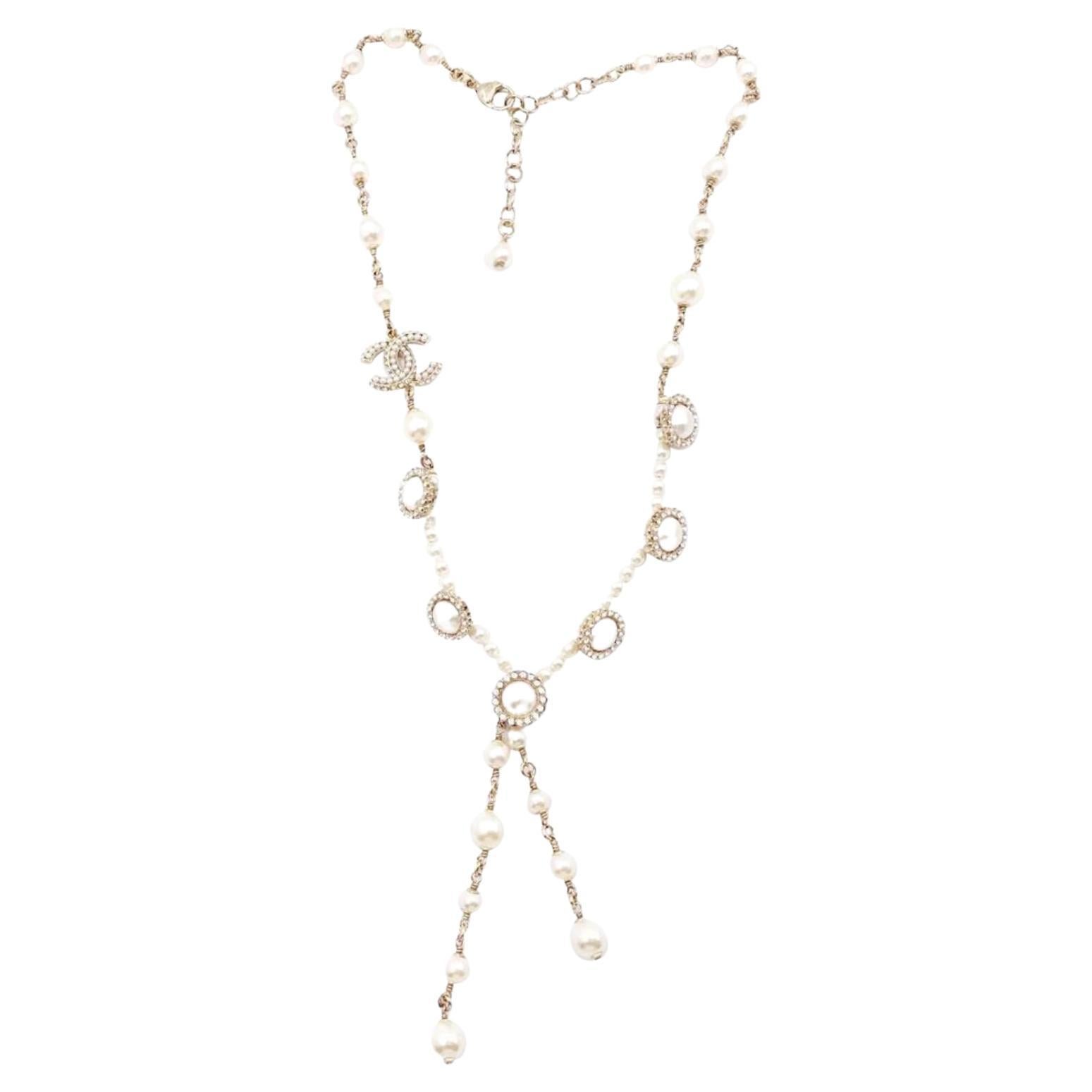 Chanel Gold CC Faux Pearl Drop Necklace