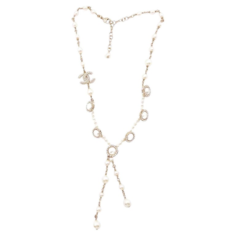 Chanel Gold CC Faux Pearl Drop Necklace For Sale at 1stDibs