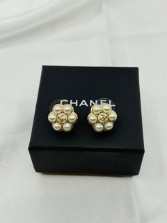 Chanel Gold CC Faux Pearl Flower Stud Earrings