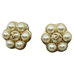 Chanel Gold CC Faux Pearl Flower Stud Earrings
