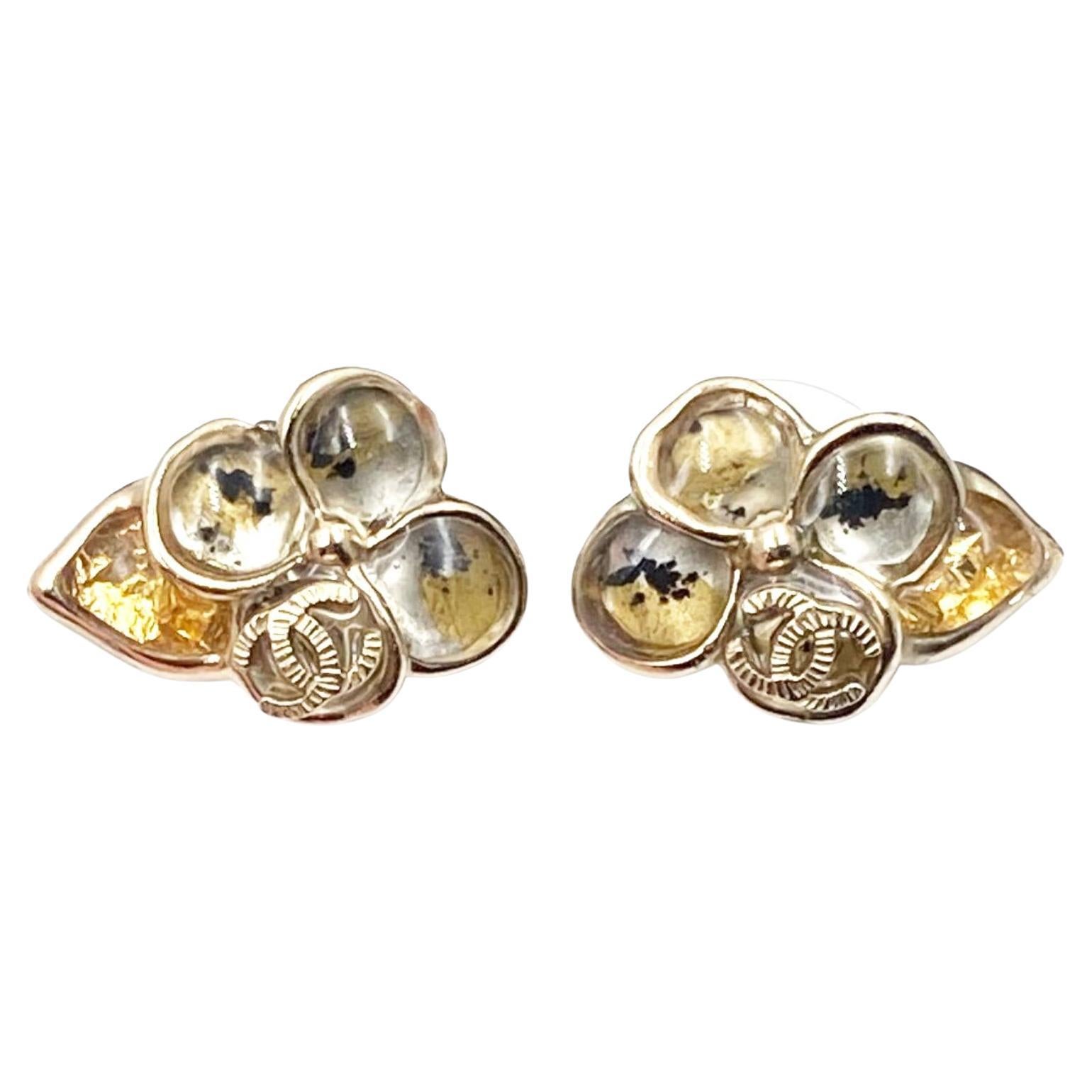 Chanel Gold CC Flower Dangle Piercing Earrings For Sale