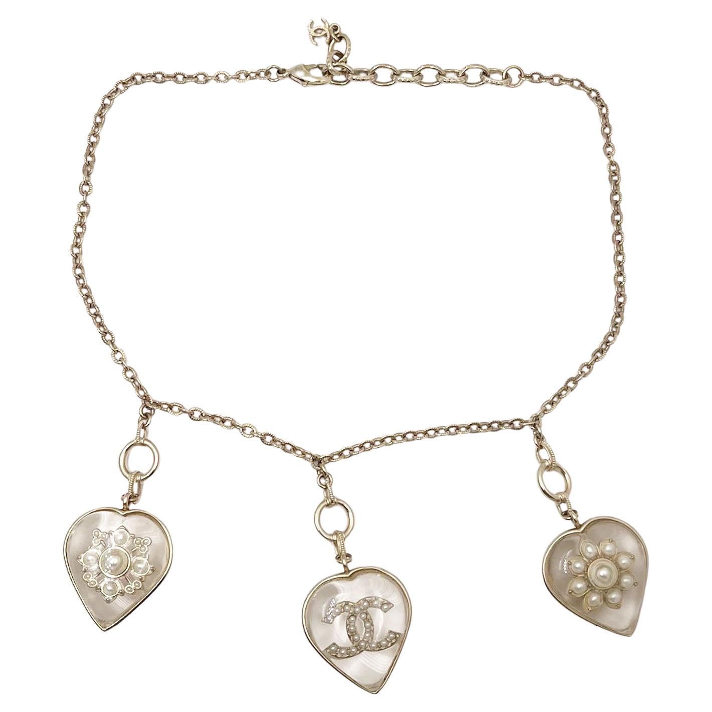 Chanel Gold CC Flower Heart Charm Necklace   For Sale