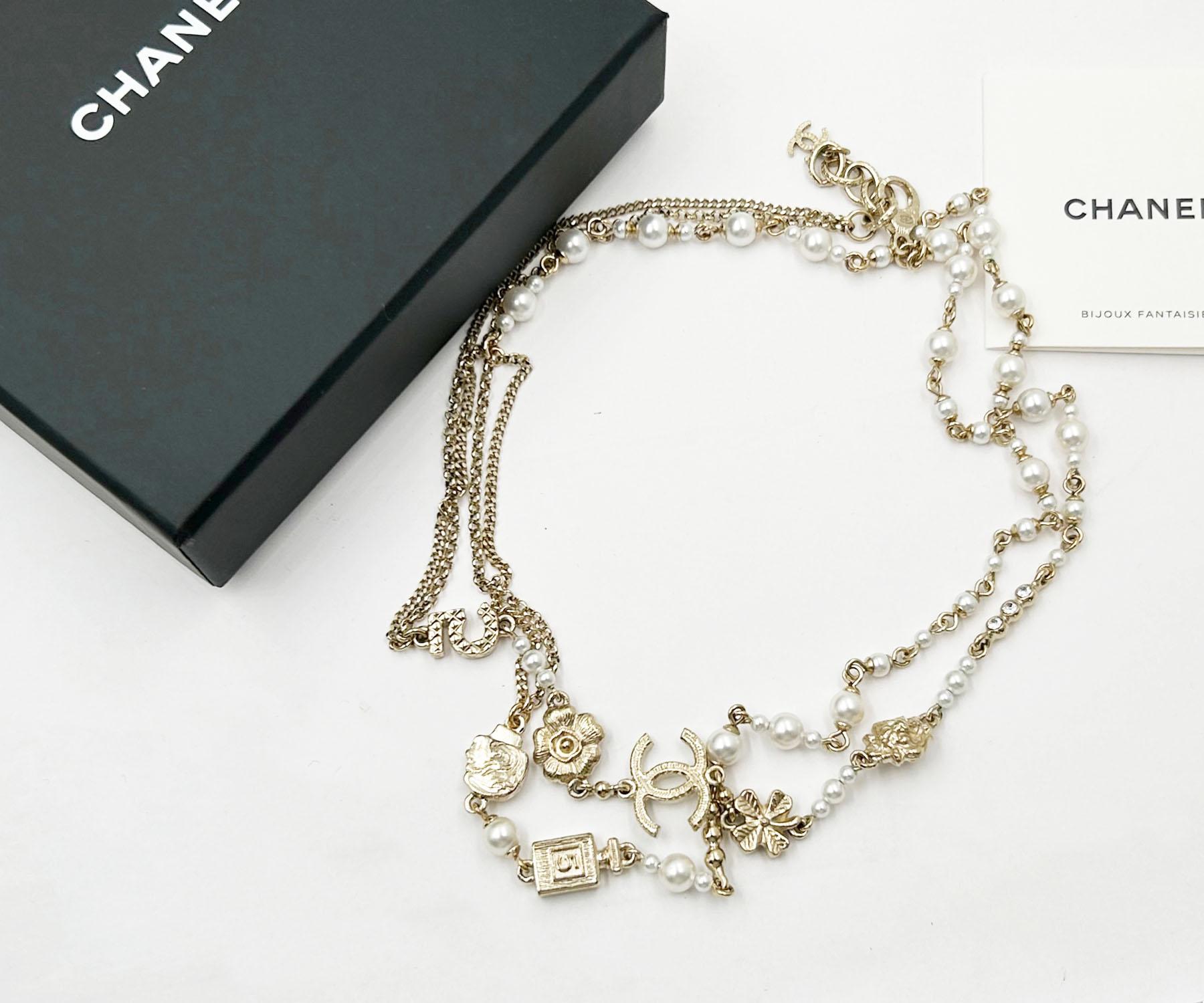 Artisan Chanel Gold CC Flower Perfume Motif Pearl Necklace  For Sale