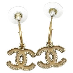 Chanel Gold CC Frame Beige Enamel Hoop Earrings 