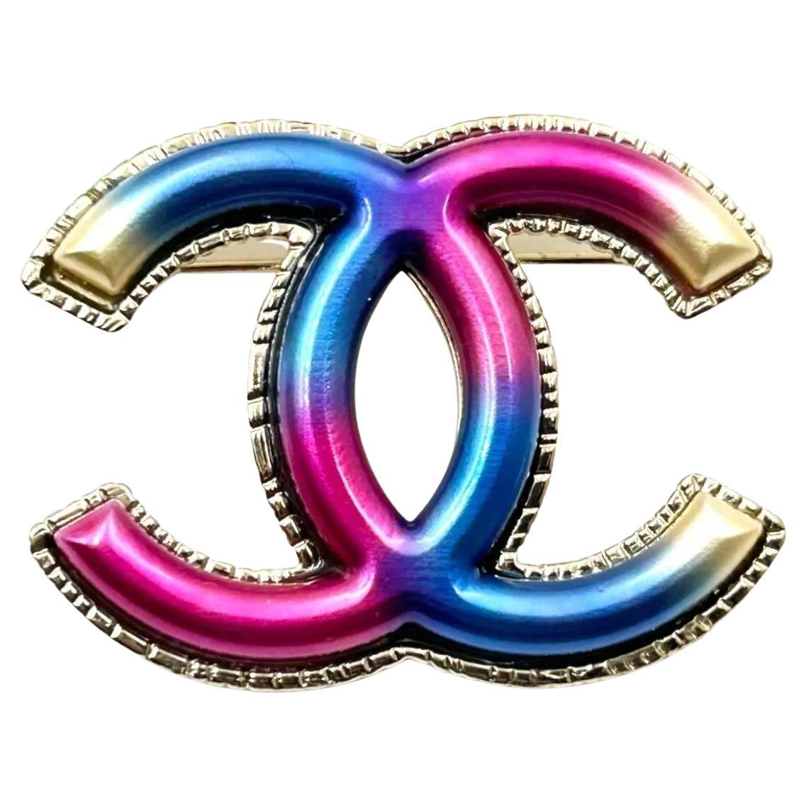 Chanel Gold CC Fuchsia Blue Brooch