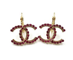 Chanel Gold CC Fuchsia Crystal Lever Back Piercing Earrings