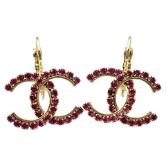 Chanel Gold CC Fuchsia Crystal Lever Back Piercing Earrings