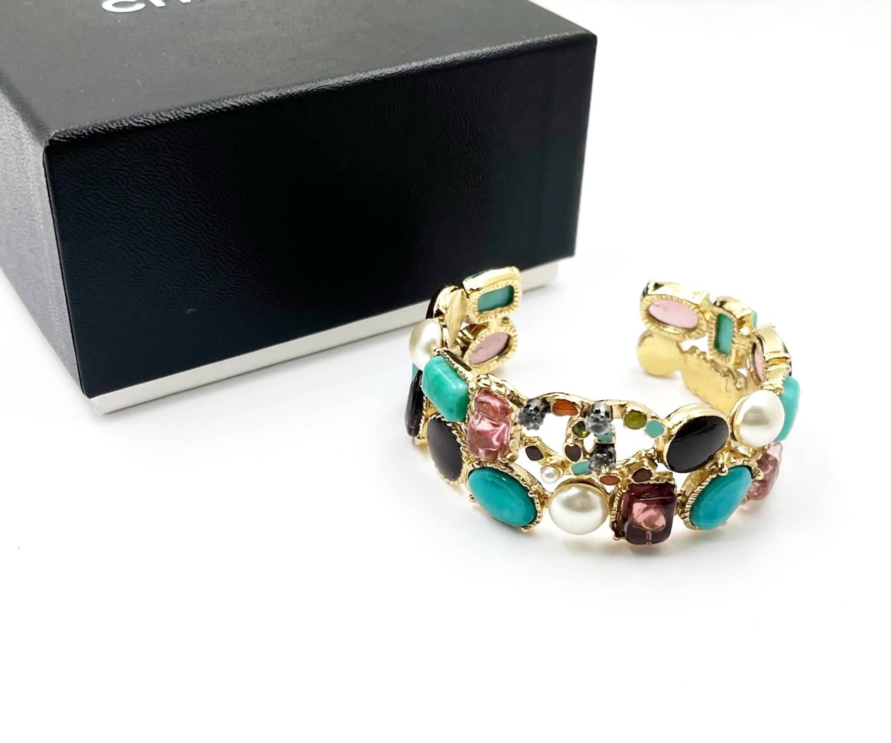 Artisan Chanel Gold CC Gemstone Cuff Bangle Bracelet  Cuff For Sale