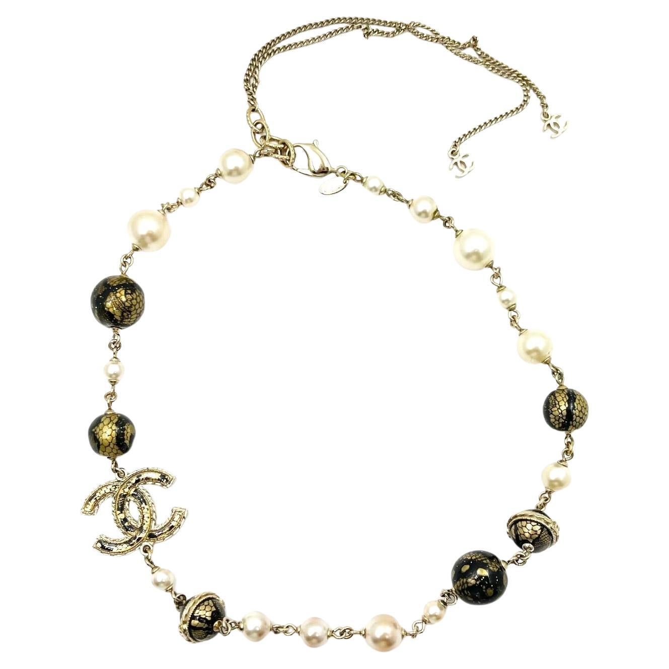 Chanel Gold CC Glazed Black Lace Pearl Short Necklace