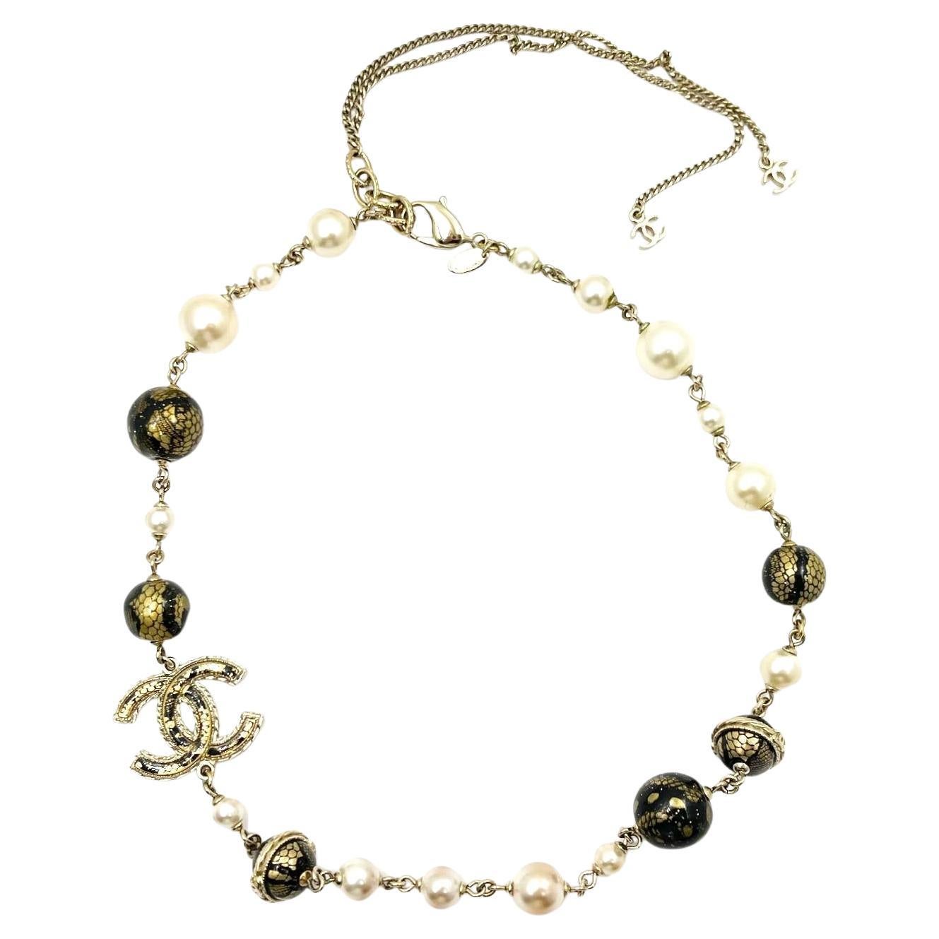 Authentic CHANEL CC Faux Pearl Resin Short Choker Necklace Gold Chain