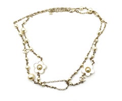 Chanel Gold CC Gold Frame White Flower Pearl Long Necklace