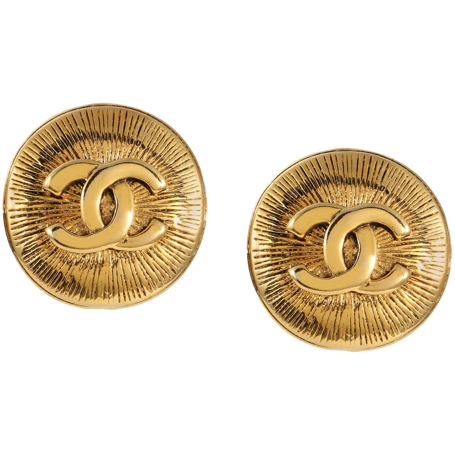 Chanel Gold CC Grooved Button Earrings