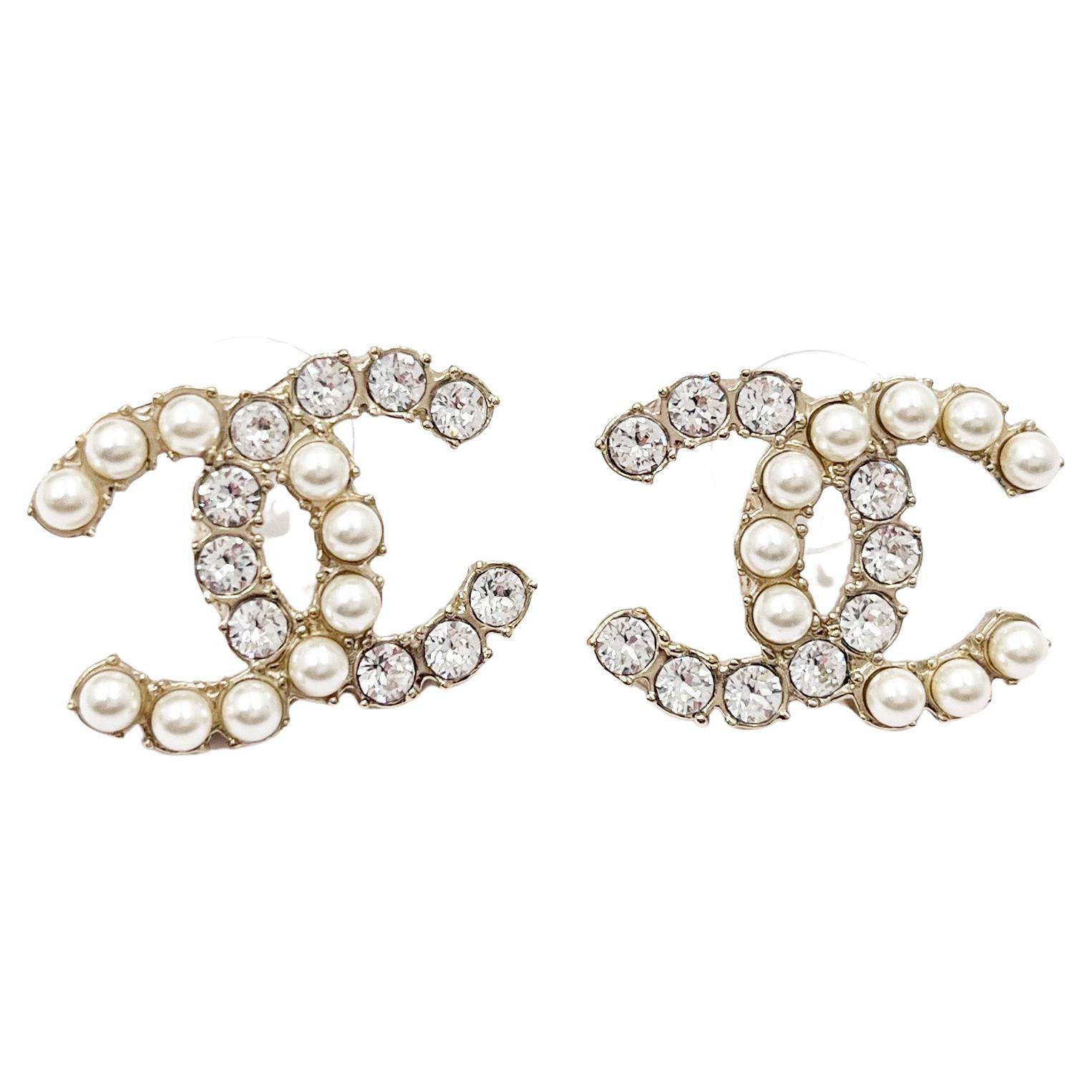 Chanel Gold CC Half Half Pearl Crystal Large Piercing Earrings For Sale at  1stDibs