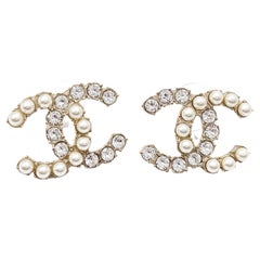 Chanel Gold CC Half Half Pearl Crystal Large Piercing Earrings