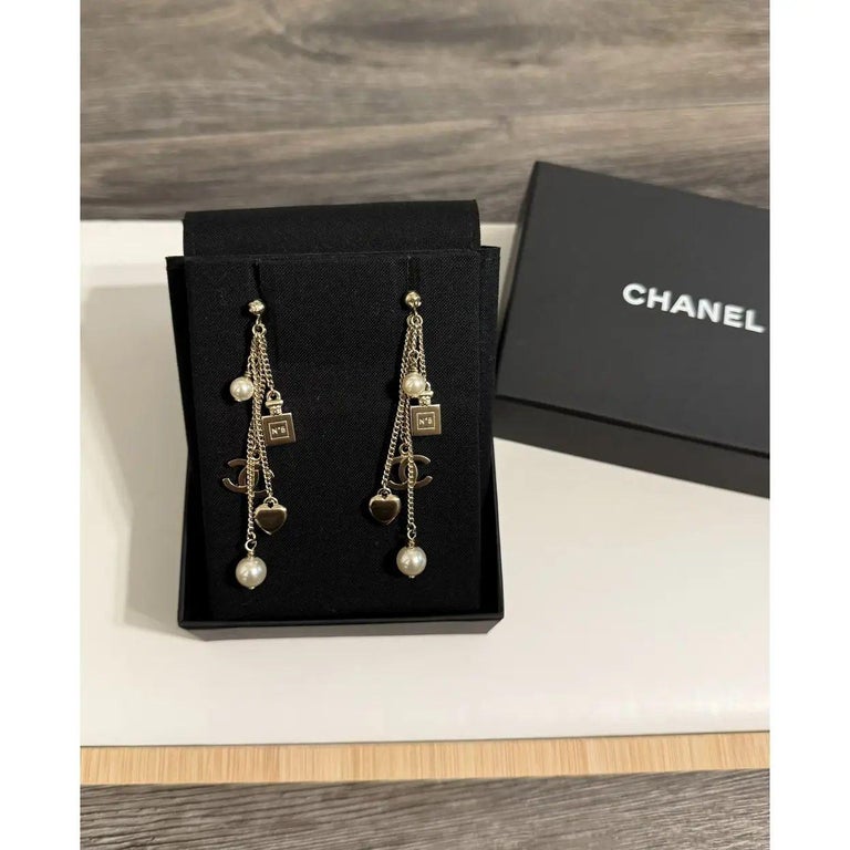 Chanel Gold CC Heart Perfume Charm Dangle Earrings photo 2