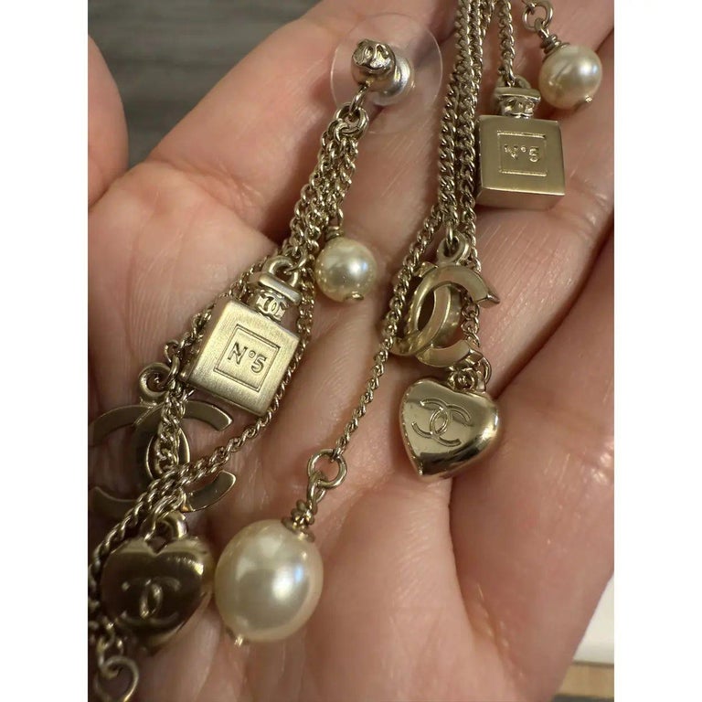 Chanel Gold CC Heart Perfume Charm Dangle Earrings photo 3