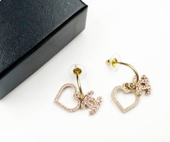 Chanel Gold CC Heart Pink Crystal Overlap Hoop Earrings