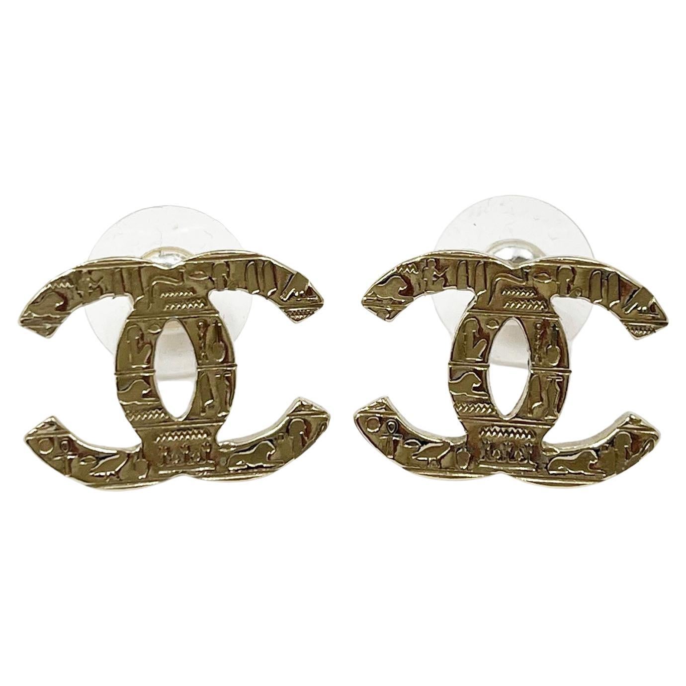 Chanel Classic Gold CC Hieroglyphs Stud Piercing Earrings