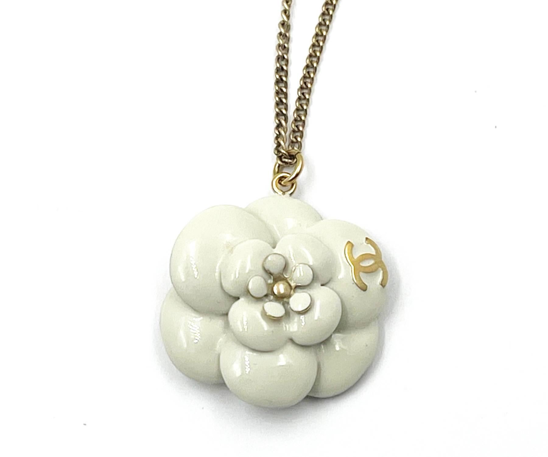 Artisan Chanel Gold CC Ivory Enamel Camellia Pendant Necklace